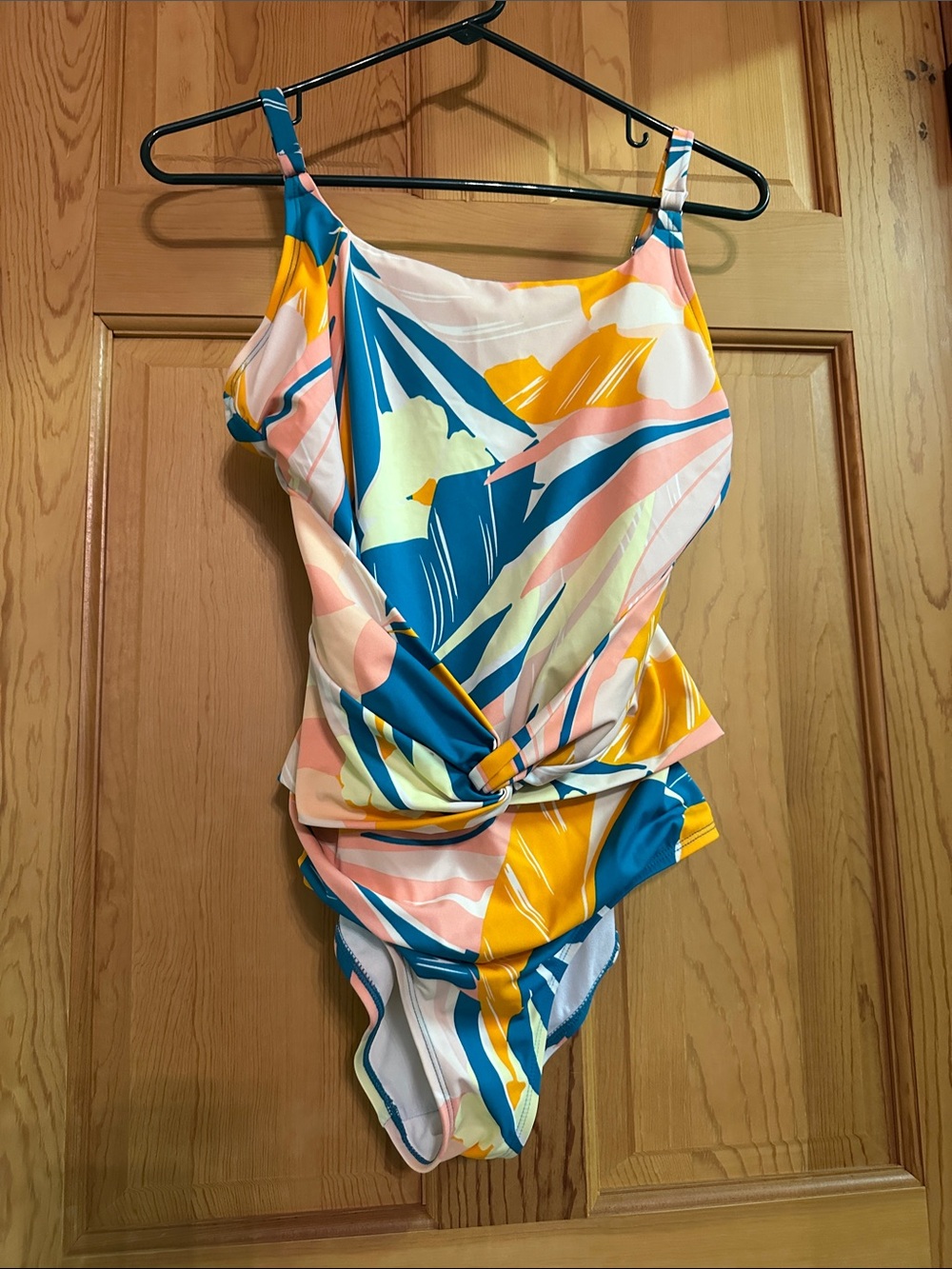 Jantzen Women’s Twist-Front One-Piece Swimsuit in Teal, Pink & Yellow